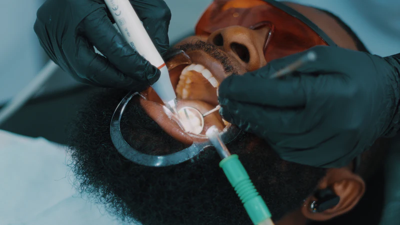 A dentist working on a patient's front teeth with a small tool and a blue curing light
